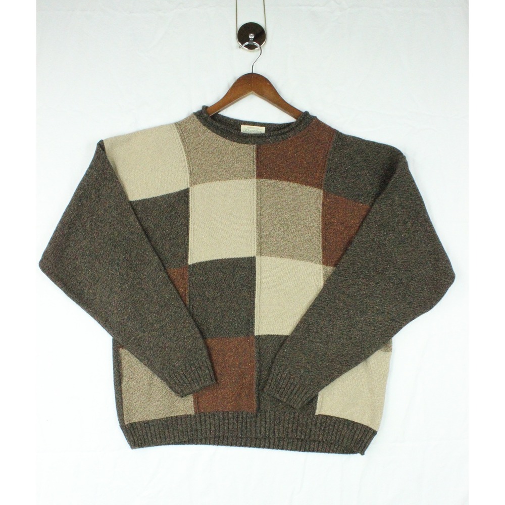 Vintage Colorblock Patchwork Sweater Mens XXL Earthy Boho Brown Cotton Blend USA
